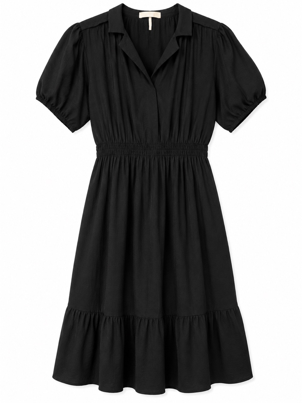 Marella Black Poplin Midi Shirt Dress Puff Sleeve Elastic Waist Pockets US 4